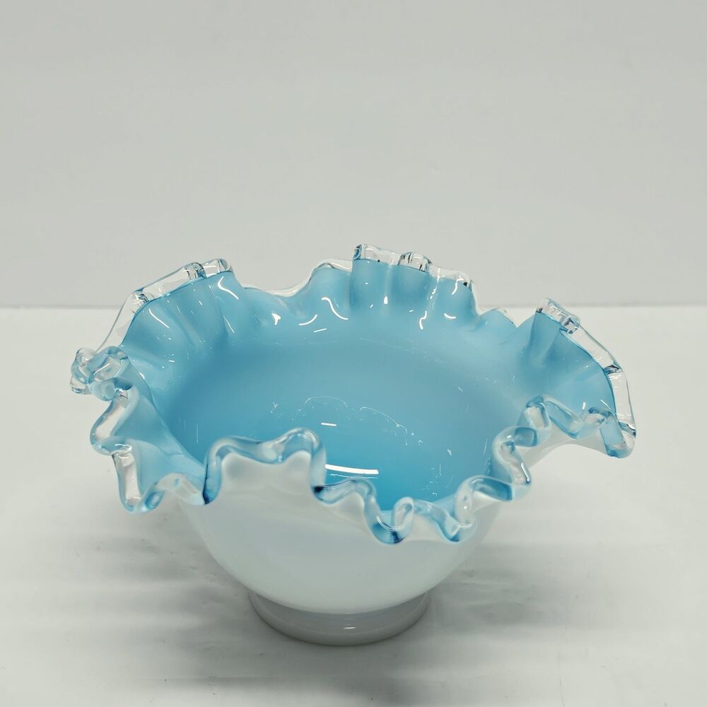 Fenton Teal White Bowl Silver Jamestown Blue Glass Vintage Ruffle Edge MCM